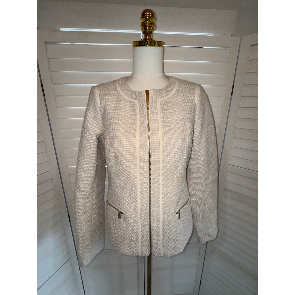 Karl Lagerfeld Paris Tweed Jacket Womens Cream Gold Zip Professional Size 8 - Picture 2 of 7